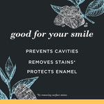 Promotional panel reading 'good for your smile' with product benefits listed on a dark background and mint illustrations