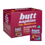 Maroon Butt Napkins retail box and an individually wrapped packet shown together with brand name and product callouts