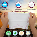 Two hands stretching a white wipe with icons above for cloud soft, water-based and certified flushable and ingredient icons below