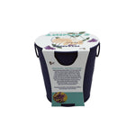Rear view of navy metal pail with Buzzy catmint pet garden label showing growing instructions and a small plant photo