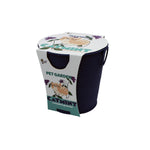 Three-quarter angled navy pail with Buzzy catmint pet garden label and illustrated cat visible on the sleeve