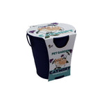Angled view of navy pail with Buzzy catmint pet garden sleeve featuring an illustrated cat and purple flowers
