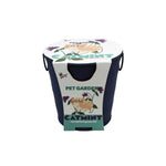 Navy metal pail with Buzzy branded catmint pet garden wrap showing an illustrated cat and flowers