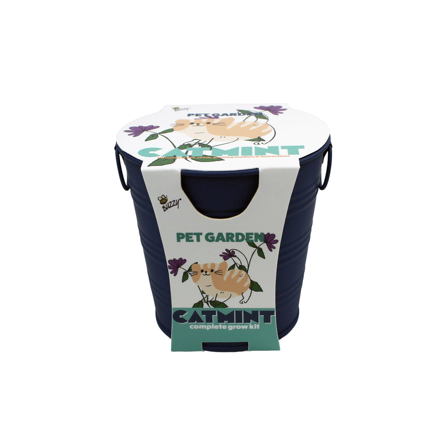 Navy metal pail with Buzzy branded catmint pet garden wrap showing an illustrated cat and flowers