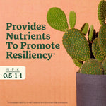 Potted cactus beside text 'Provides Nutrients To Promote Resiliency' and an NPK badge reading 0.5-1-1 on a warm background.