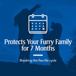Blue graphic showing a calendar icon and text stating it protects your furry family for 7 months