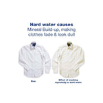 Infographic comparing a new white shirt and a faded shirt showing effect of hard water, text about mineral build-up