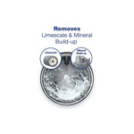 Graphic of a washing machine drum with swirling water and callouts for limescale and mineral build-up removal