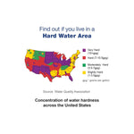 Map of the United States color-coded for water hardness with legend and heading about finding hard water areas