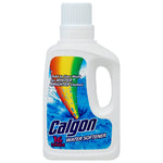 White bottle of Calgon water softener with rainbow graphic and blue water splash label, front product view