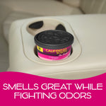 California Scents Coronado Cherry air freshener can shown in a vehicle cup holder with promotional text about fighting odors