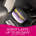 California Scents L.A. Lavender air freshener can placed in a car cup holder with text claiming scent lasts up to 60 days