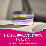 California Scents L.A. Lavender air freshener can shown on a car seat with manufacturer message below