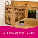 Small California Scents L.A. Lavender can placed on a wooden shelf in a home setting with wicker basket nearby