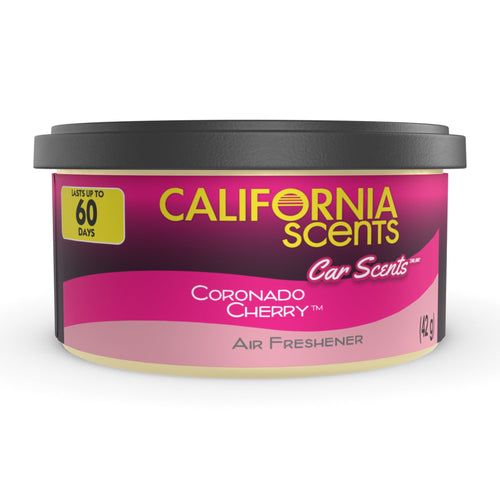 Close-up of a California Scents Coronado Cherry car air freshener can with black vented lid and pink label