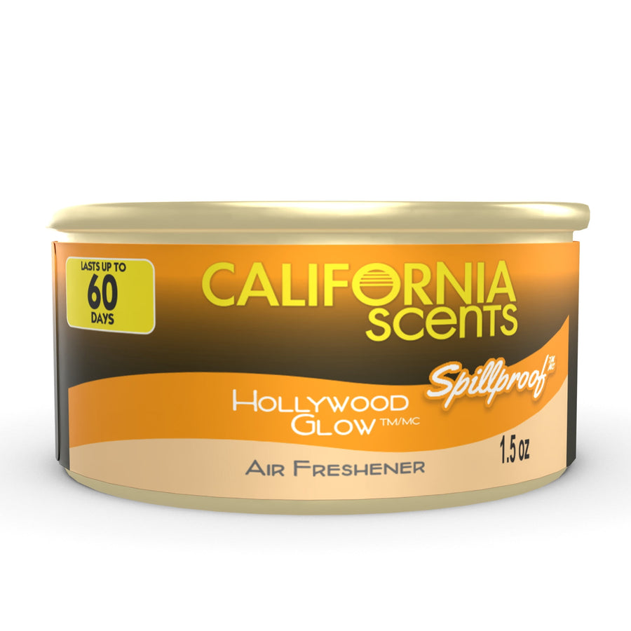 California Scents Spillproof solid air freshener can in gold-orange Hollywood Glow packaging on white background.