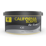 Round California Scents 'Ice' car air freshener can with black lid, gray label and yellow logo on white background.