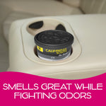 California Scents 'Ice' can sitting inside a cup holder in a light-colored car interior, shown with a promotional banner.
