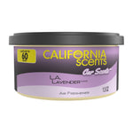 Close-up of a California Scents L.A. Lavender car air freshener can with purple label and black lid