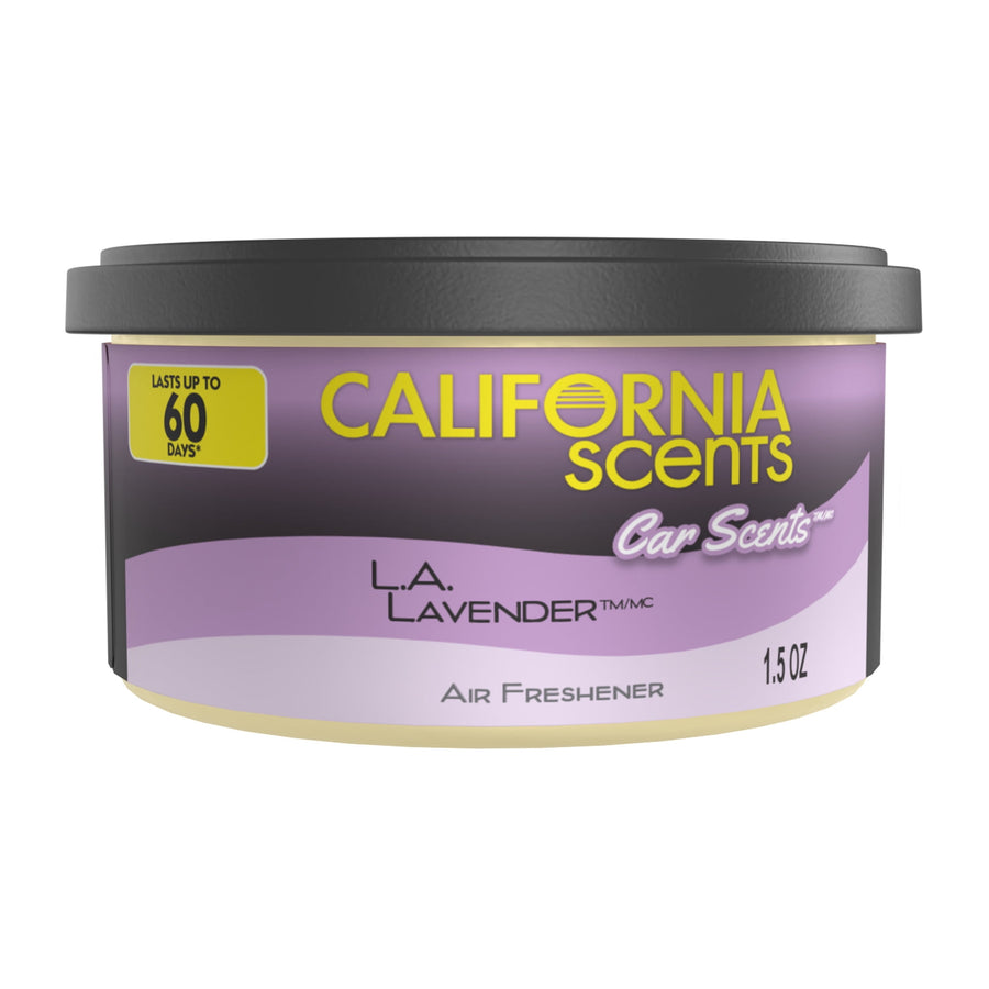 Close-up of a California Scents L.A. Lavender car air freshener can with purple label and black lid