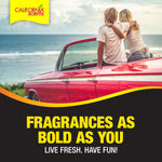Lifestyle graphic showing a red convertible by the ocean with California Scents logo and bold fragrance headline