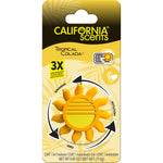 Retail card showing California Scents sun-shaped vent clip in Tropical Colada packaging