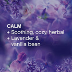 Purple floral close-up background with text describing 'CALM' and notes 'Soothing, cozy, herbal + Lavender & vanilla bean'.