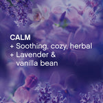 Purple floral background with text describing 'CALM' scent notes: soothing, cozy, herbal, lavender & vanilla bean