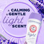 Graphic circle with lavender background and Arm & Hammer Light bottle plus text “A CALMING & GENTLE light SCENT”
