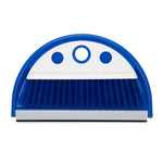 Front-facing Camco blue dust pan with white handle trim and dense blue bristles
