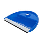 Blue Camco dust pan interior showing hanging hole and rubber lip on white background