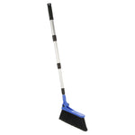 Full-length angled view of telescoping broom with blue pivoting head and black grip