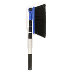 Compact storage view of broom head nested in a clear plastic dustpan, telescoping handle visible