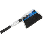 Folded blue-and-black broom with dustpan attached, telescoping silver handle and rubber grip
