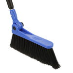 Close-up of blue broom head with black bristles and pivot joint on a white background