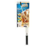 Broom packaged on retail card showing branding and demonstration graphics attached to handle