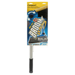 Retail-packaged broom with branded hang card showing product features and full handle