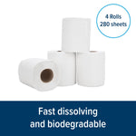 Four loose white toilet paper rolls arranged in a pyramid with a badge reading '4 Rolls 280 sheets' and fast dissolving claim
