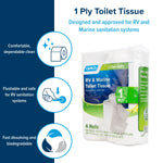 Product infographic showing Camco RV & Marine 1-ply toilet tissue pack with icons for comfort, flushability and biodegradability