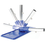 Blue Camco pivoting wash head base shown at multiple swivel angles with metal handle sockets on white background