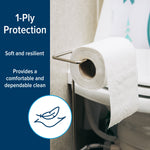 Close-up lifestyle image of a single roll of Camco toilet tissue on a freestanding holder beside an RV-style toilet