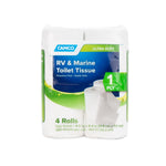 Packaged Camco RV & Marine 1-ply toilet tissue four-roll pack with printed label and green-blue branding