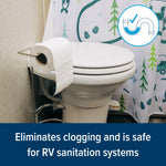 Lifestyle shot of an RV toilet with a roll of Camco toilet tissue on a holder and a drain-safe icon overlay