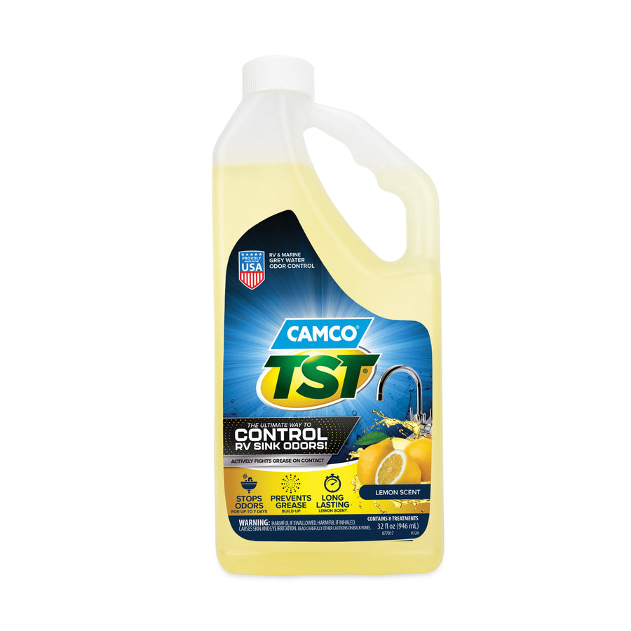 Camco TST lemon-scented grey water odor control bottle, front label on white background