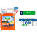 Orange Camco TST Max RV toilet treatment jug beside an 8-roll pack of Scott Rapid-Dissolving toilet paper with an '8 Rolls' badge