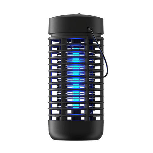 Cylindrical black mosquito zapper with inner blue UV light and outer protective grid, isolated on white.