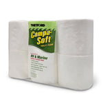Clear image of Campa-Soft toilet tissue six-pack showing white rolls wrapped with a vertical green Thetford Campa-Soft label for RV & marine use.