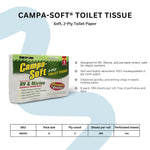 Product infographic showing Campa-Soft toilet tissue image alongside bullet points and a table listing SKU, pack size, ply count and sheets per roll.