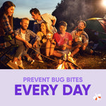 Group of friends around a campfire at dusk with overlay text promoting preventing bug bites every day