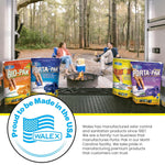 Lifestyle scene viewed from an RV doorway with campground firepit and multiple Walex product pouches displayed on the threshold